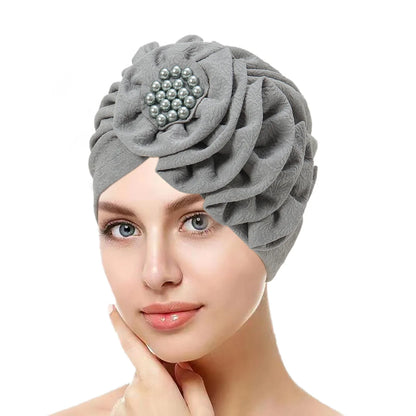 Solid Color Flowers Muslim Hijab Caps Beading Women Wrap Head Ramadan Ladies Fashion Headwear Turban Bonnet