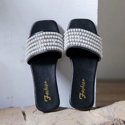 Flat Slippers Female 2025 Summer New Fashion Beach Non-slip Women's Slippers Outdoor Pearl Luxury Brand Designer Shoes Zapatos