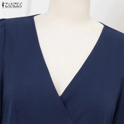 ZANZEA OL Work Party Women Jumpsuits Solid Color Summer 3/4 Sleeve Sevy V Neck Rompers Solid Playsuits Wide Leg Pants Streetwear