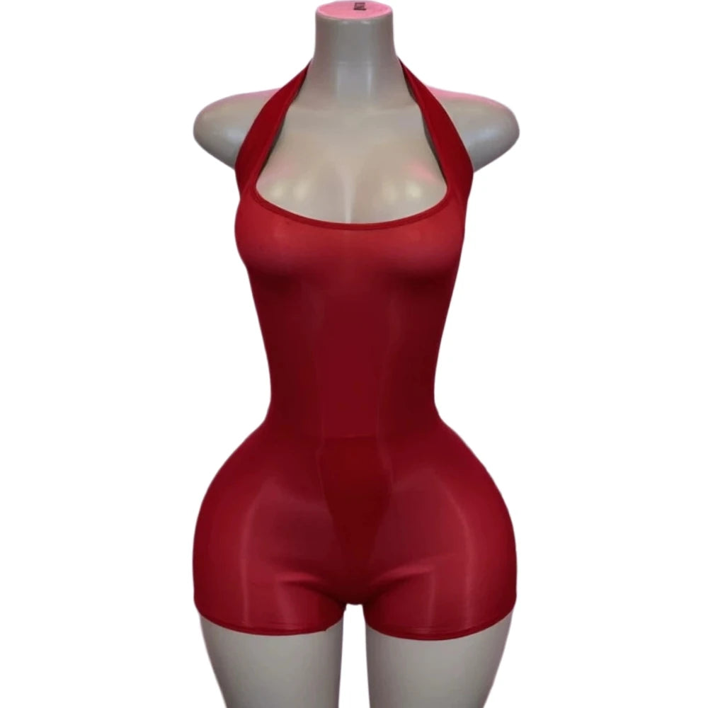 HLJ&GG Sexy Mesh See Though Halter Bodycon One Piece Rompers Women Sleeveless Backless Slim Jumpsuits Fashion Stretchy Overalls