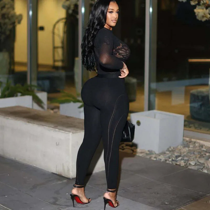 Doyerl Black Bodycon Rompers and Jumpsuits for Woman Long Sleeve See Through Mesh Patchwork Skinny One Piece Catsuit Overalls