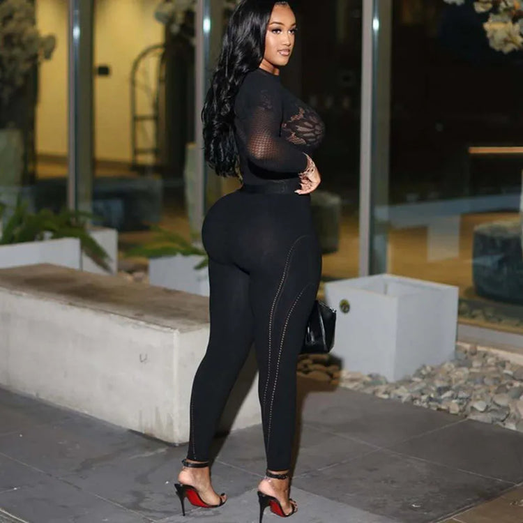 Doyerl Black Bodycon Rompers and Jumpsuits for Woman Long Sleeve See Through Mesh Patchwork Skinny One Piece Catsuit Overalls