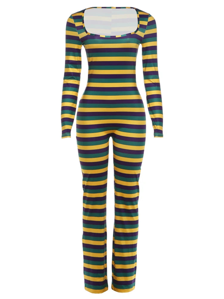 Nibber Chic Collar Full Jumpsuits Women's Autumn Trend Square Sleeve Stripe Patchwork Skinny Stretch High Street Style Overalls
