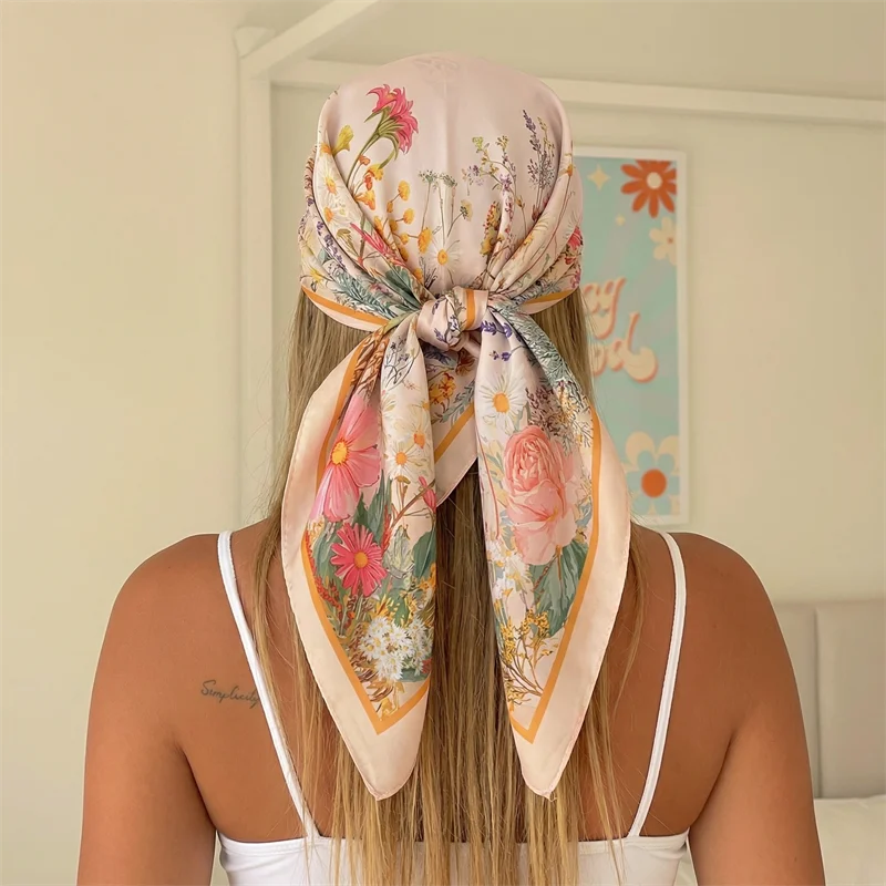 70cm Luxury Brand Square Scarf Design Double Side Shawl Wrap Print Twill Silk Women Hijab Female Foulard Headband Bandana