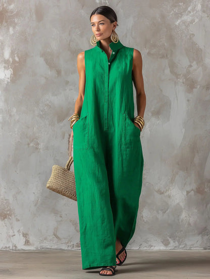 Elegant Women's Sleeveless Linen Blend Jumpsuit Button Down Collared Romper Casual Loose Summer Beach Vacation Boho Jumpsuits