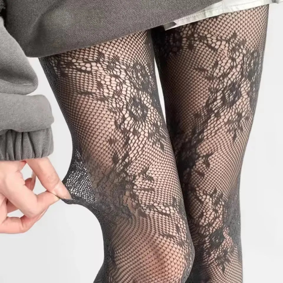 Korean INS Hollowed Lace Mesh Stockings Women Pantyhose Hot Tights Japanese Lolita Retro Floral Rattan Black White Long Socks