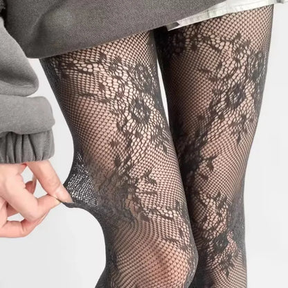 Korean INS Hollowed Lace Mesh Stockings Women Pantyhose Hot Tights Japanese Lolita Retro Floral Rattan Black White Long Socks