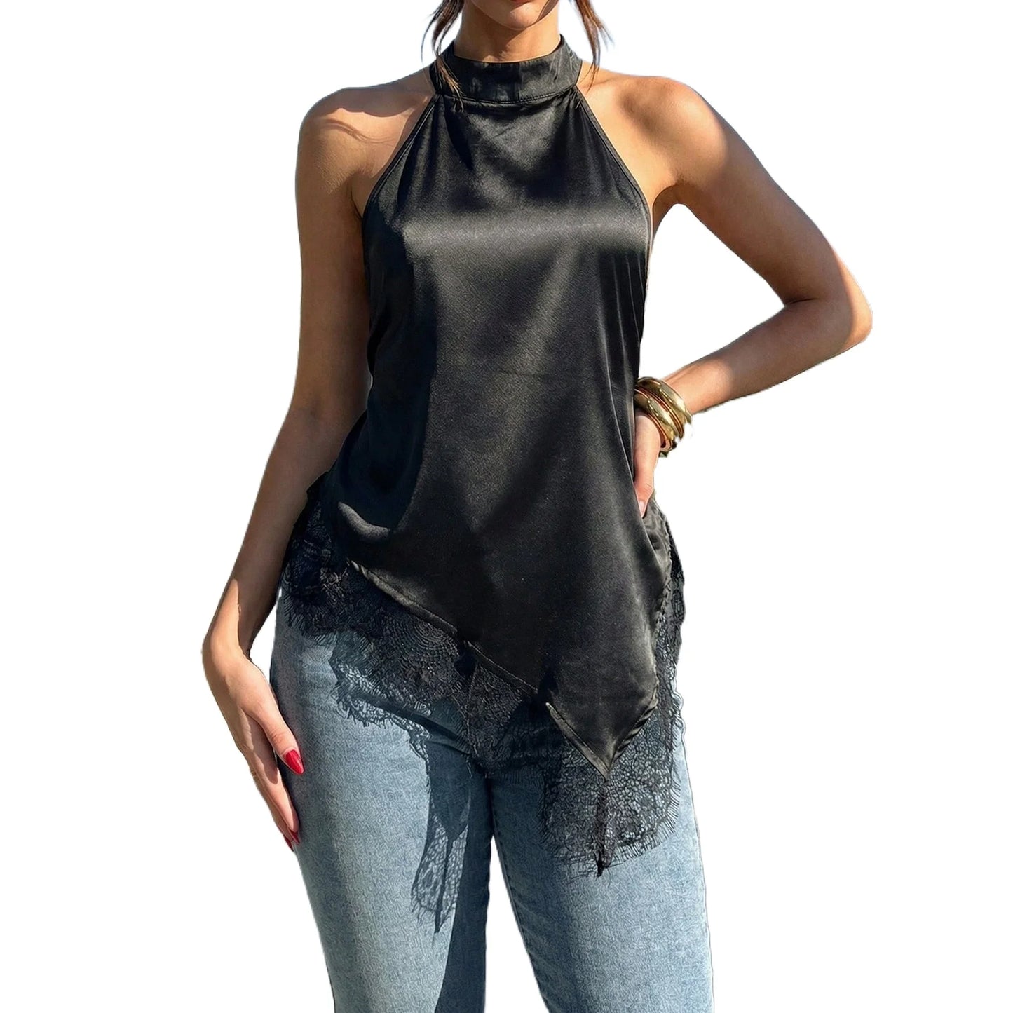 Women's Camisole Tank Tops Black Halter Neck Satin with Lace Trim Sleeveless Dressy Elegant Evening Tops