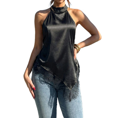 Women's Camisole Tank Tops Black Halter Neck Satin with Lace Trim Sleeveless Dressy Elegant Evening Tops