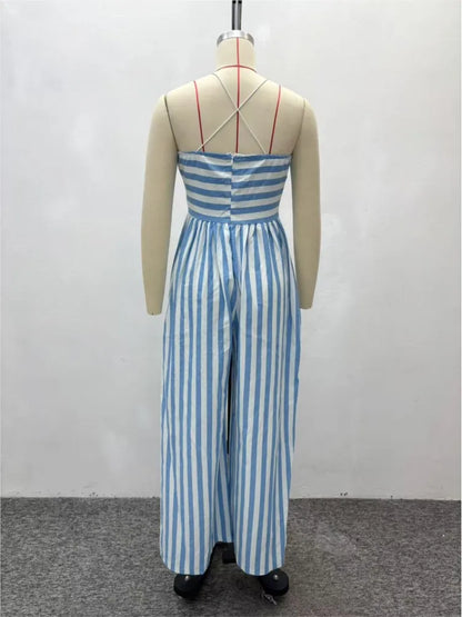 Sexy Jumpsuit Solid Color Casual Striped Halterneck Deep V-neck Wide-leg Jumpsuits Casual Holiday Party Daily Rompers Women's