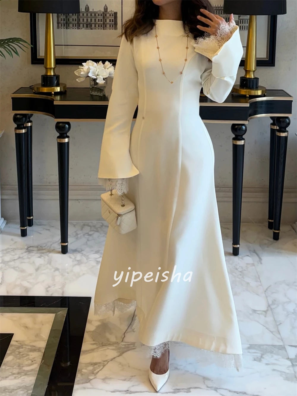 Customized Modern Style Women Jersey Lace Pleat A-line Evening Dresses Formal Simple O-Neck Long Sleeves Ankle Length Dresses