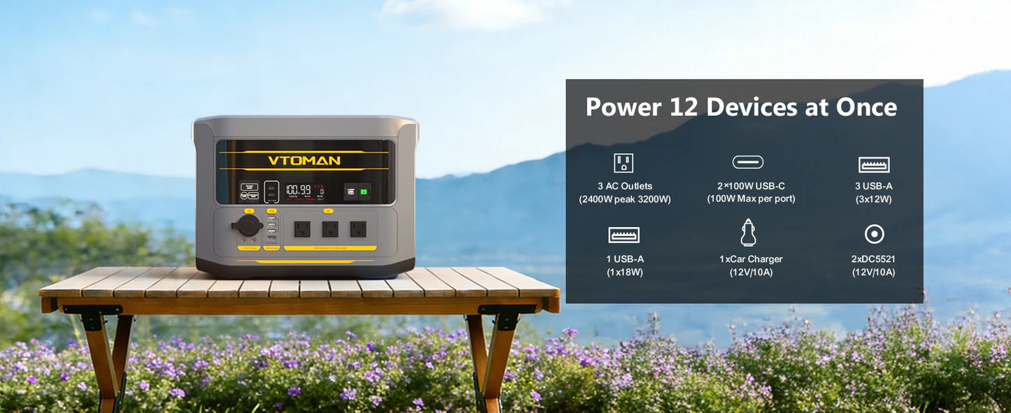 VTOMAN FlashSpeed 2400 Portable Power Station 2400W 1408Wh LiFePO4 Battery UPS Uninterruptible Power Supply,Max 600W Solar Input, Expandable to 2688Wh, 12 Devices Output, Car Jump Starter for Camping Home Emergency Backup Pow