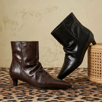 AIYUQI 2026 Women Pointed Toe Ankle Boots Vintage Ruched Kitten Heel Short Boots Elegant Slip On Dress Booties for Daily Party
