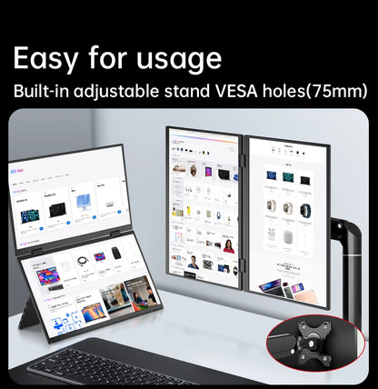 15.6" Folding Portable Monitor Dual Touch Screen 1080p 300nits VESA 75mm Freely Adjust Display Extender for Laptop PC With Bag
