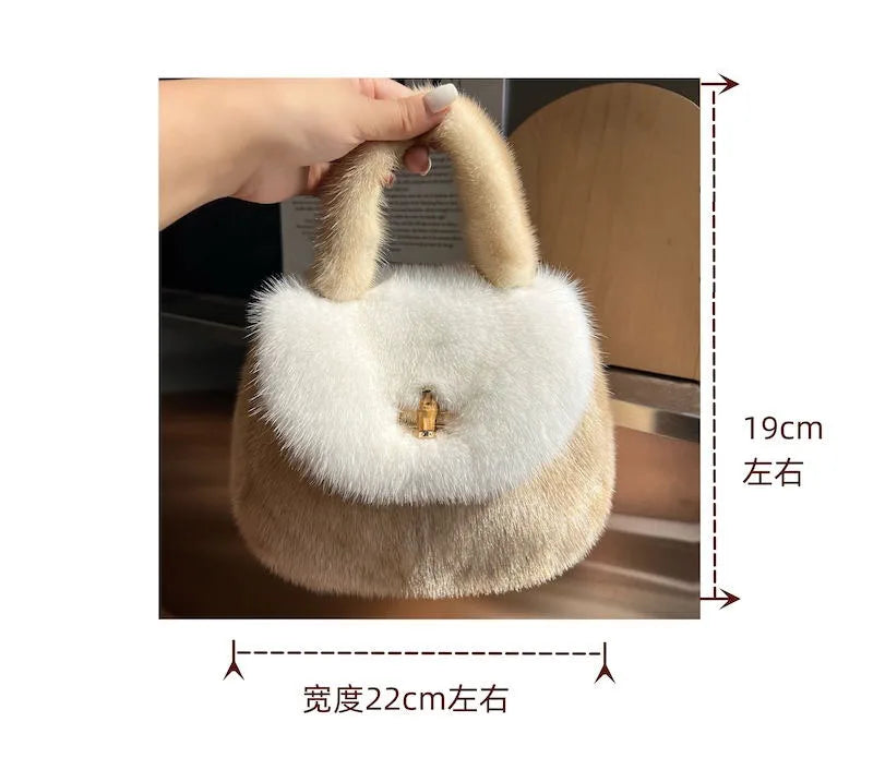 Fur Women's Mink Fur Bag Luxury Warm Plush Wrist Bags  Women Fashion Furry Short Handle Clutch Cute Ladies Fur Bags For Women