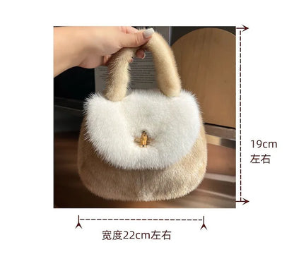 Fur Women's Mink Fur Bag Luxury Warm Plush Wrist Bags  Women Fashion Furry Short Handle Clutch Cute Ladies Fur Bags For Women