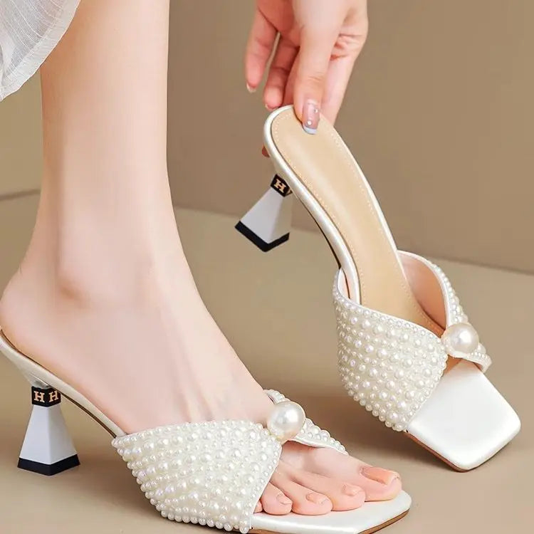Aphixta Luxury Pearls Women High Heels Mule Sandal Square Toe Elegant Woman Summer Shoes Spike Heel Fashion Shoes for Woman