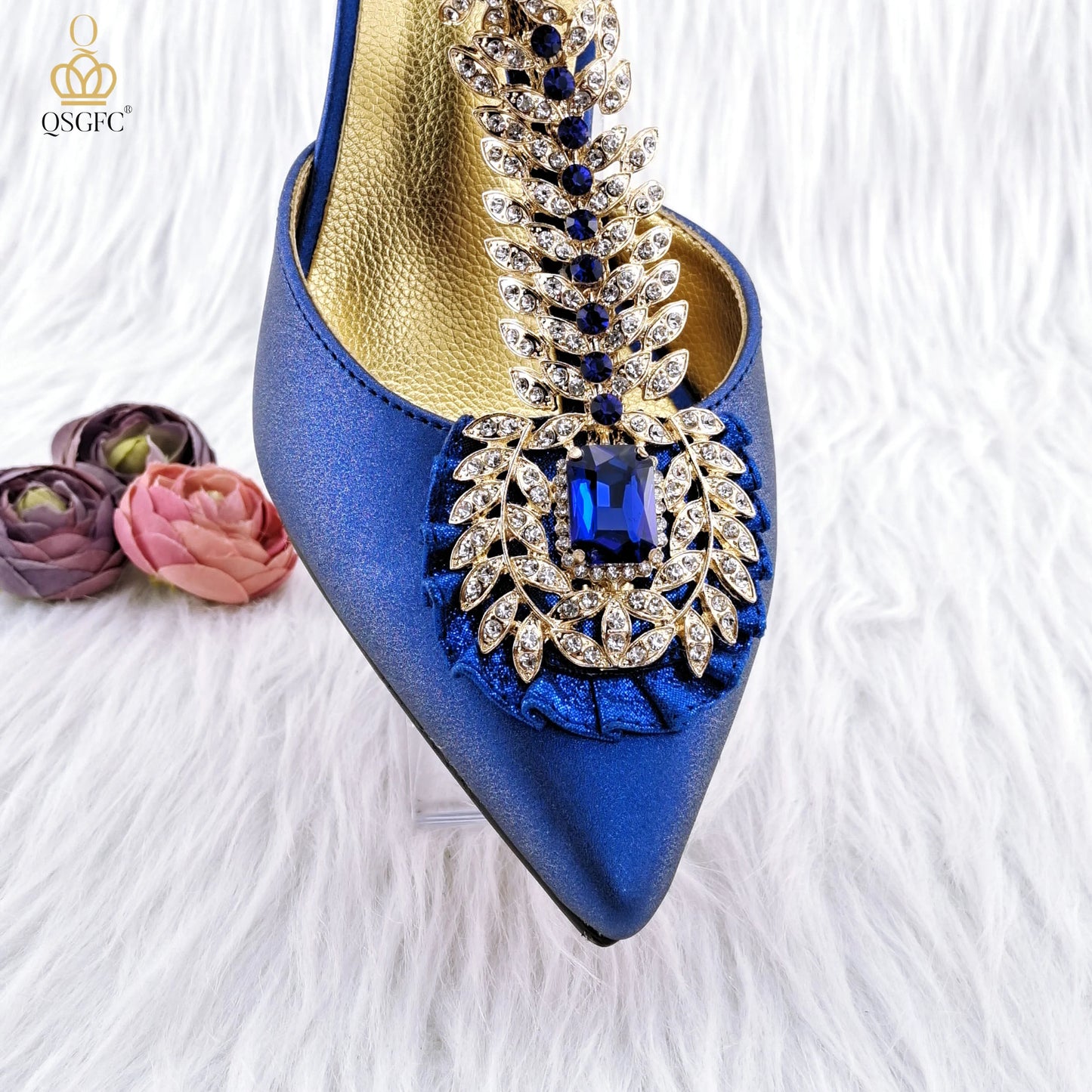 QSGFC Italian Popular Design Royal Blue Noble Three Dimensional Handbag Elegant High Heels African Ladies Shoe Bag Matching Set