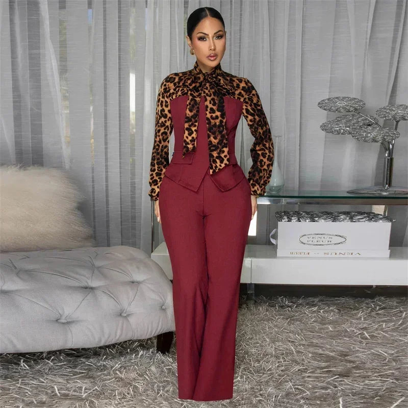 Doyerl Leopard Patchwork Shirt Style Jumpsuits Woman Elegant Vintage Long Sleeve High Waist One Piece Rompers Women Jumpsuit