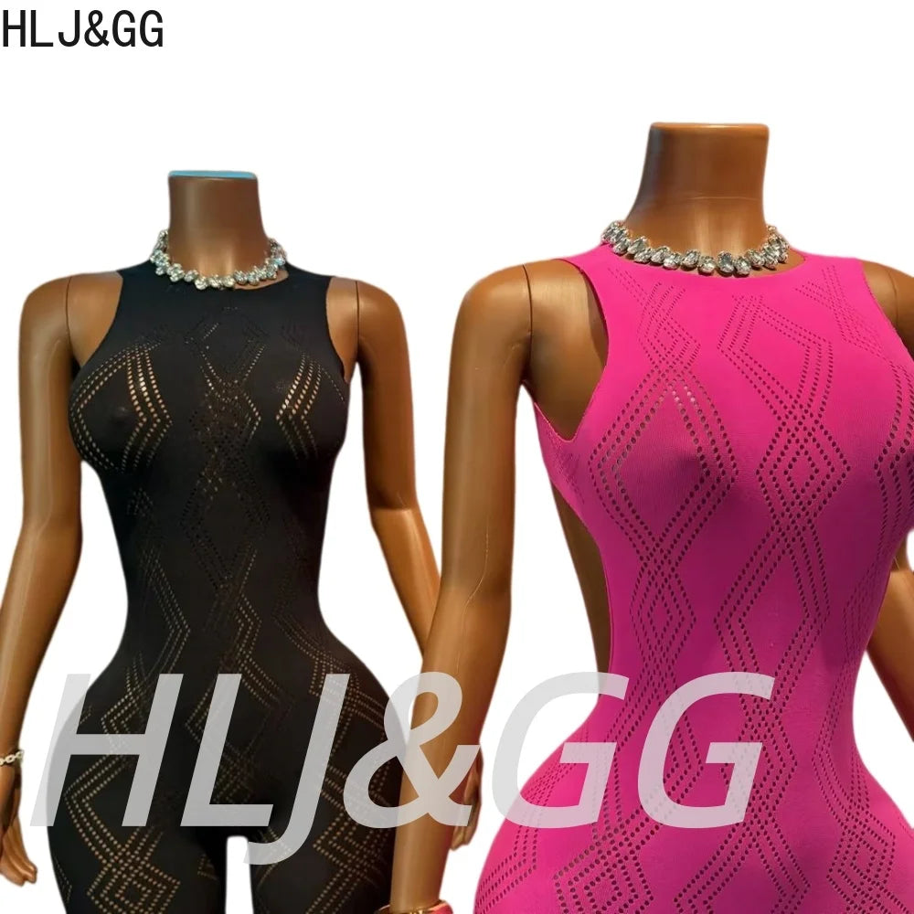 HLJ&GG Sexy Knitting Hollow Stretchy One Piece Jumpsuits Women Sleeveless Backless Slim Playsuits Female See Though Club Overall