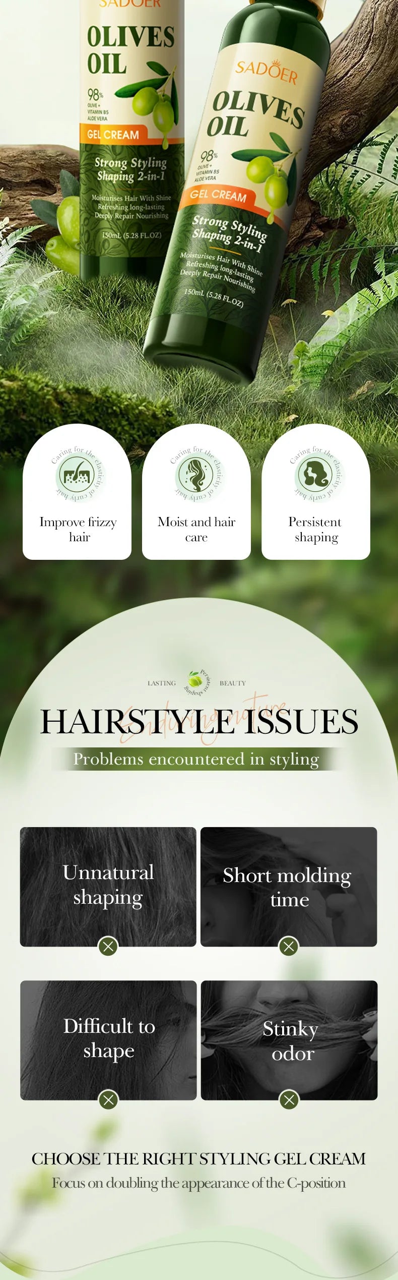 SADOER Olive Oil Hair Styling Wax Gel - Strong Hold, Natural Shine, Volumizing, Non-Greasy for Men & Women