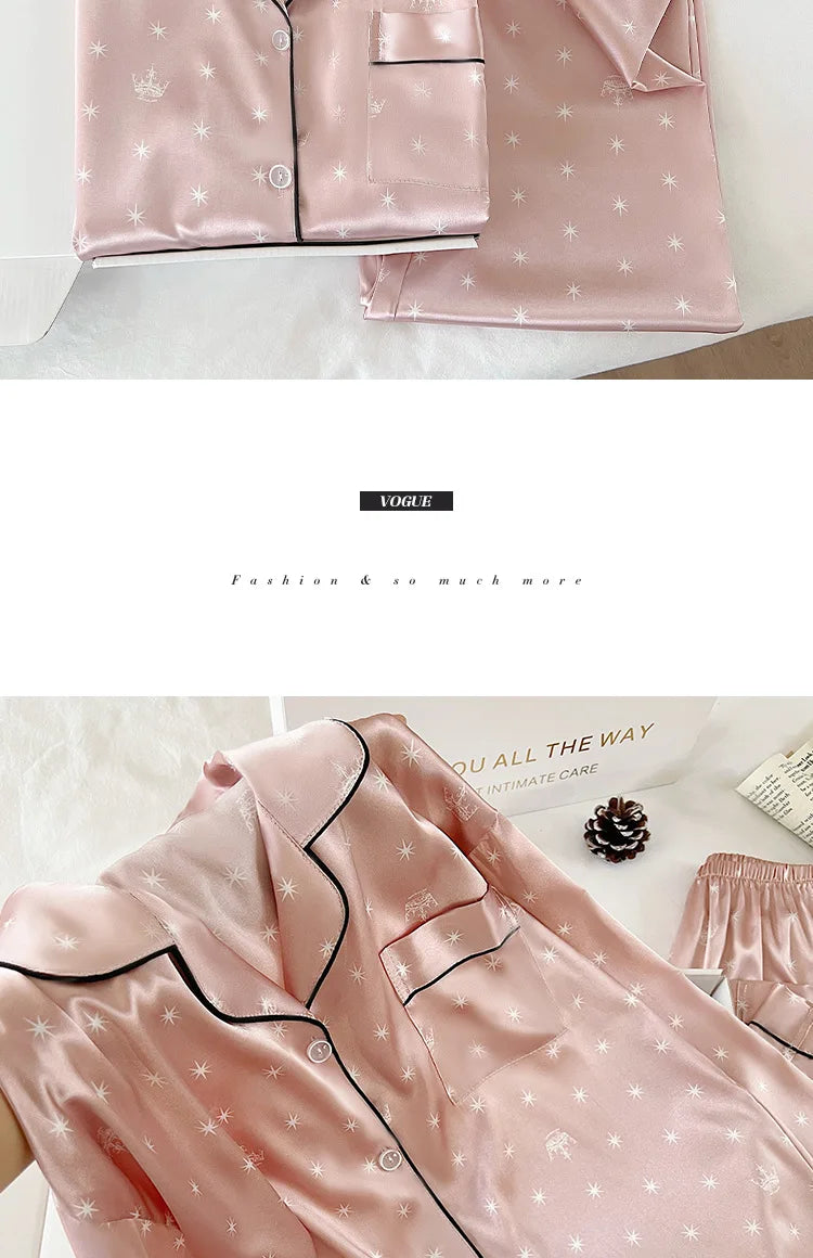 Japanese-Style Cute Girl Star Print Ice Silk Nightwear Women's Spring and Autumn Long-Sleeved Long Pants Homewear Actual Photo