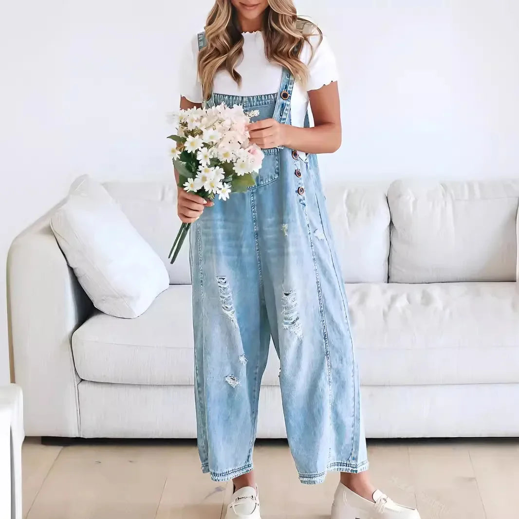 Hole Jeans Overalls Women Jumpsuits Washed Denim Ankle Length Trousers One Piece Y2k Streetwear Pockets Casual Ripped Suspenders