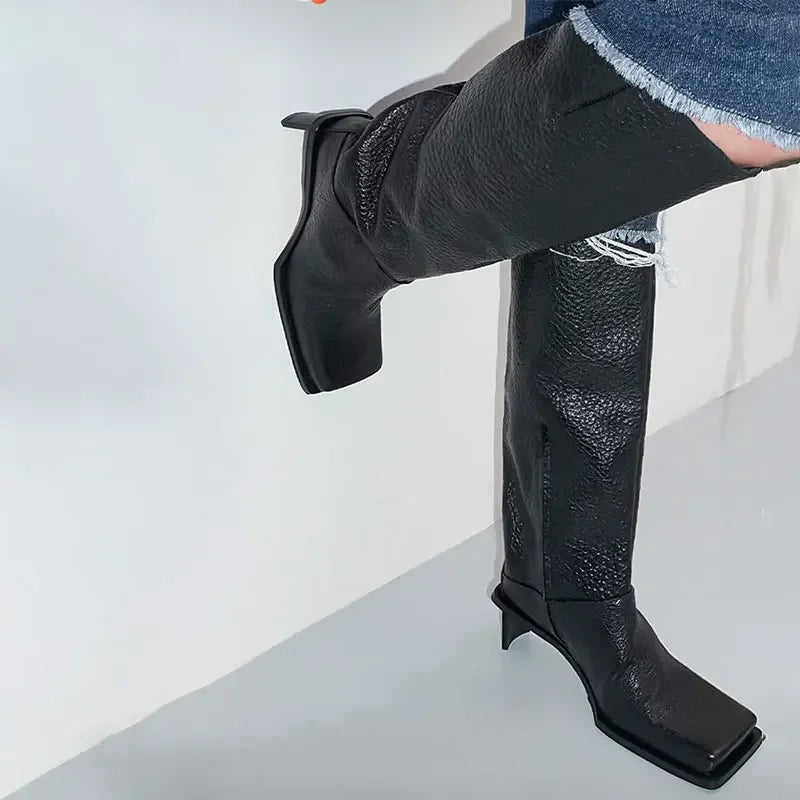 2026New Fashionable Square Head High Heels Women's Knee Length Boots with Side Zipper Stone Pattern Women's Mid Length Boots