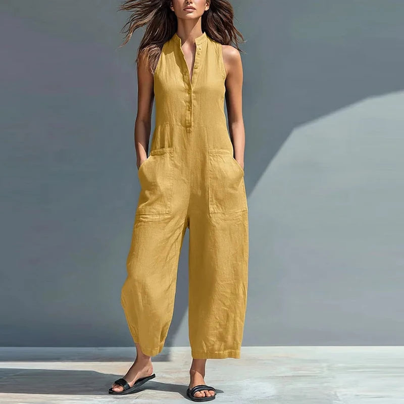 Summer Sleeveless Jumpsuit Women V Neck Solid Color Pocket Cotton Linen Long Pants Jumpsuits Women Romper Commuting Playsuits