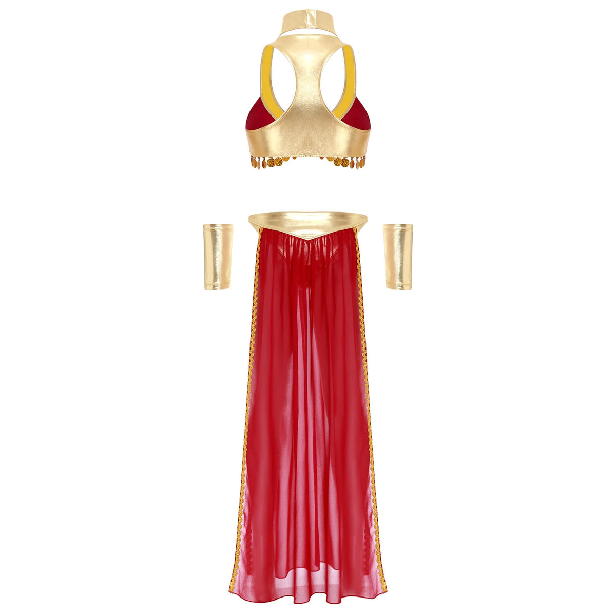 Women Ancient Egyptian Queen Cosplay Outfits with Collar Crop Top with Chiffon Skirt Metallic Shiny Indian Belly Dance