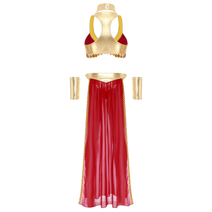 Women Ancient Egyptian Queen Cosplay Outfits with Collar Crop Top with Chiffon Skirt Metallic Shiny Indian Belly Dance