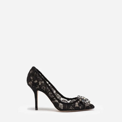 Mesh lace high-heeled shallow mouth shoes 2026 new pointed crystal buckle slim heel fashionable banquet women's single shoes
