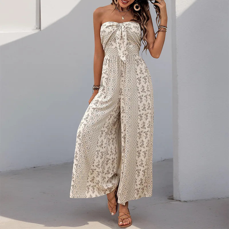Cotton Rayon Floral Printed Sexy Strapless Jumpsuit Women Casual Bow Boho Beach Summer One Piece Women's Jumpsuits Bohemian
