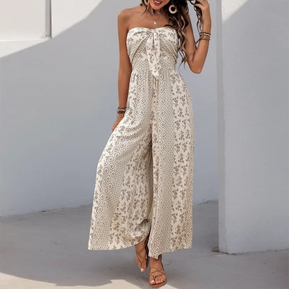Cotton Rayon Floral Printed Sexy Strapless Jumpsuit Women Casual Bow Boho Beach Summer One Piece Women's Jumpsuits Bohemian