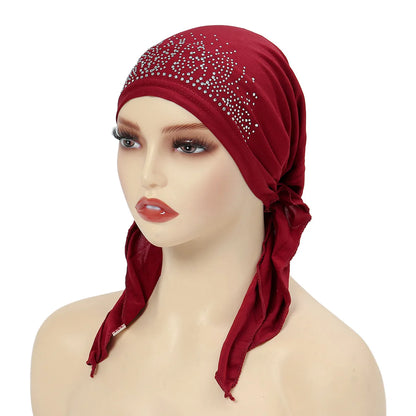 Fashion Muslim Headscarf Hat for Women Thin Summer Inner Hijab Caps Solid Color Diamond Turban Bonnet India Headwrap