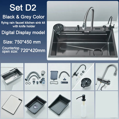 Stainless Steel Kitchen Sink with Faucet Digital Display Large Single Bowl Waterfall Rain 5 Functions System Dish Basin Sink