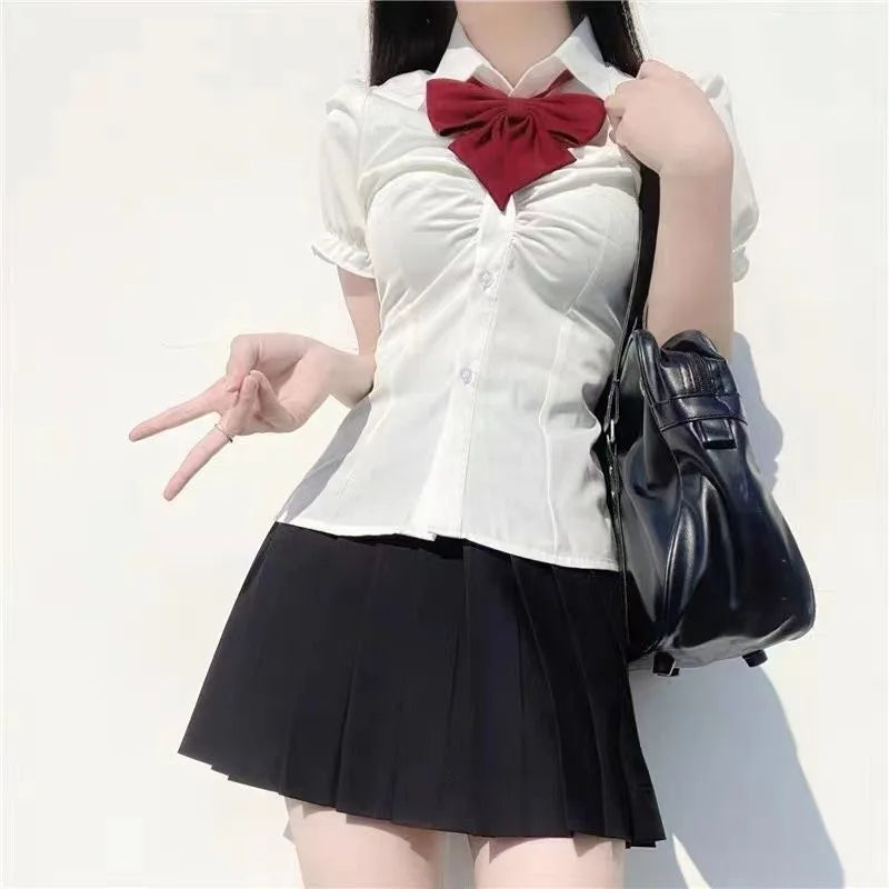 Summer Girls College Style Uniform Suit White Puff-Sleeve Shirt with Bow Slim Waist Skirt Set Women's Short-Sleeve Top And Skirt