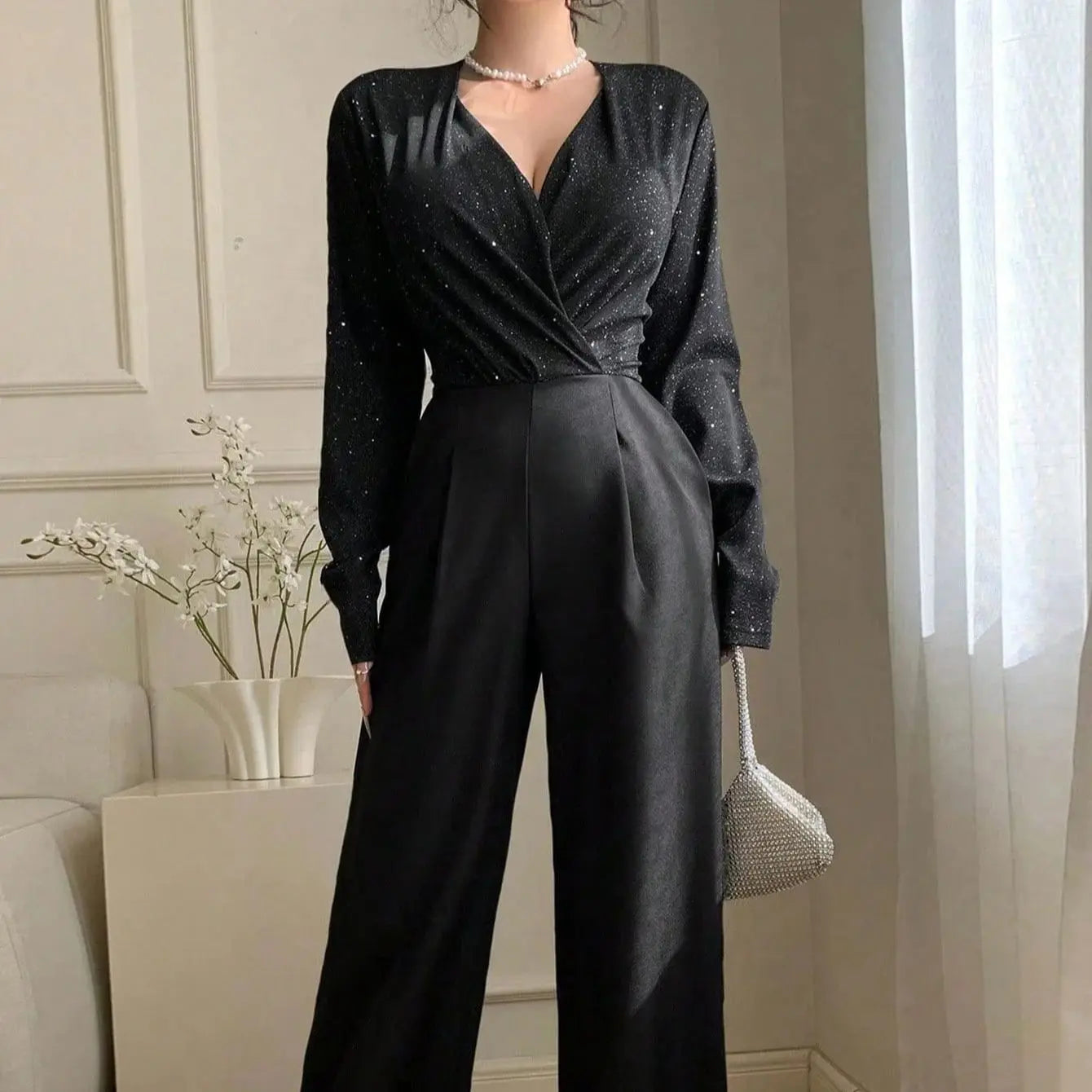 Women's 2025 Spring and Autumn elegant temperament solid color long sleeved V-neck waist wide leg jumpsuit