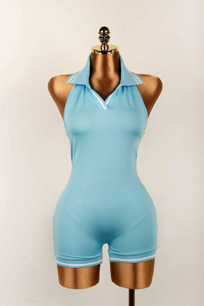 HLJ&GG Summer New Stripe Halter Lapel One Piece Rompers Women Sleeveless Backless Bodycon Jumpsuits Sexy Stretchy Overalls 2025