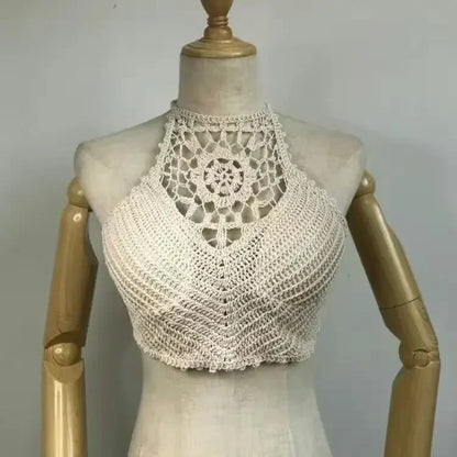 2026 Crop Tops Retro Wild Hollow Perspective Tassel Sexy Spaghetti Strap Tanke Top Women Built In Bra New Back Lace Halter Neck