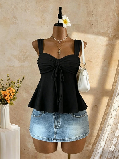 Women White Eyelet Lace Cami Top Casual Ruched Tie Front Peplum Sleeveless Camisole
