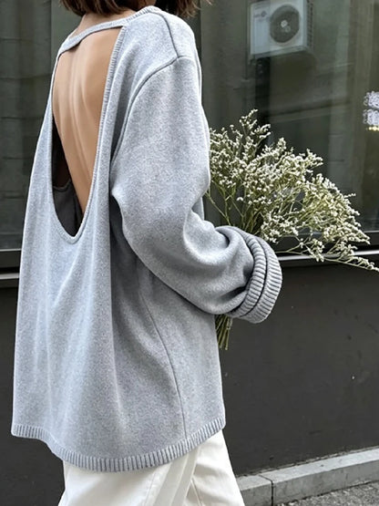 Casual Knitted Sweater Round Neck Open Back Long Sleeves Loose Pullover 2026 Autumn Fashion Daily Versatile Cardigan Top Outfit