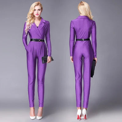 Fashion Women Long Sleeve Sexy V Neck Wide Leg Rompers Belted High Waist Jumpsuits Long Office Ladies Outfits Jumpsuit Colors