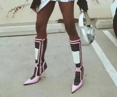 Pink White Black Patchwork Leather Motorcycle Knee High Boots Women Pointed Toe Thin Heels Run Way Long Riding Boots Shoes Lady