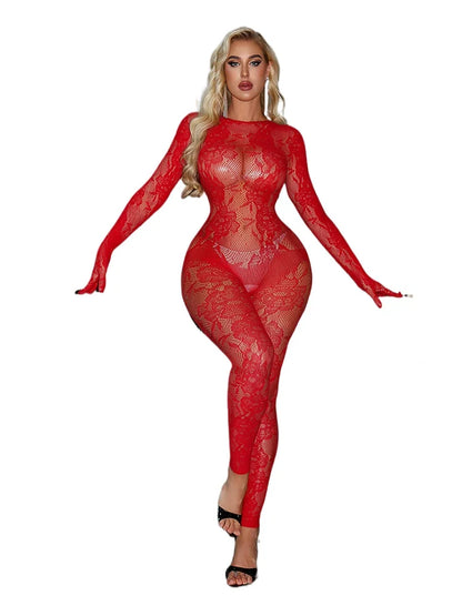 Sexy Long Sleeve Bodysuit Women Red Floral Lace See Through Backless Sheer Mesh Jumpsuit Slim Bodycon Lingerie Exotic Apparel