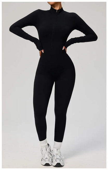 TRY TO BN Women's Jumpsuit Long Sleeve Zipper Shapewear Bodysuit Yoga Fitness One Piece Tights Gym Clothing Mono Deportivo Mujer