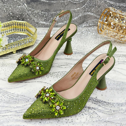 Venus Chan Olive-Green Pointed-Toe Women's High Heels Shoes and Bags for Party Rhinestone Evening Elegant Luxury Handbag