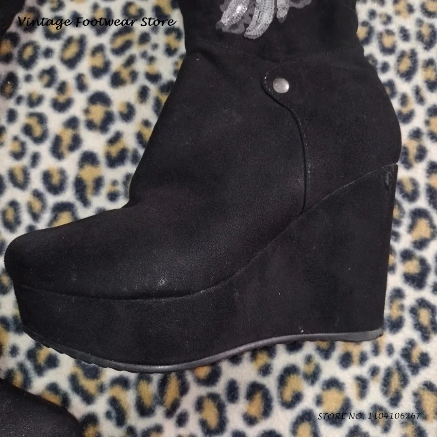 Sequins Angle Wings Knee-high Boots Fashion Round Toe Hight Wedges Platform Shoes Street Style Glittering Trending Suede Boots
