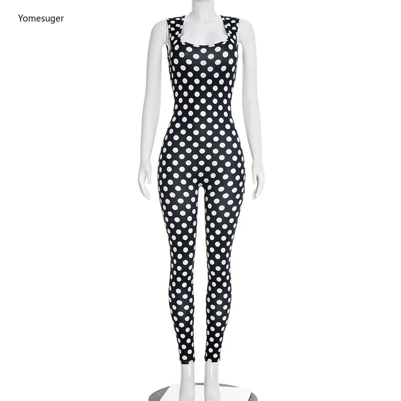 Yomesugar 2026 Summer Women's Polka Dot Printed Backless Jumpsuits Sexy Square Collar Sleeveless Skinny Rompers Party Clubwear