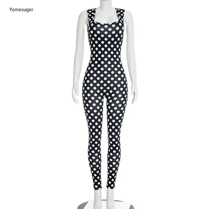 Yomesugar 2026 Summer Women's Polka Dot Printed Backless Jumpsuits Sexy Square Collar Sleeveless Skinny Rompers Party Clubwear